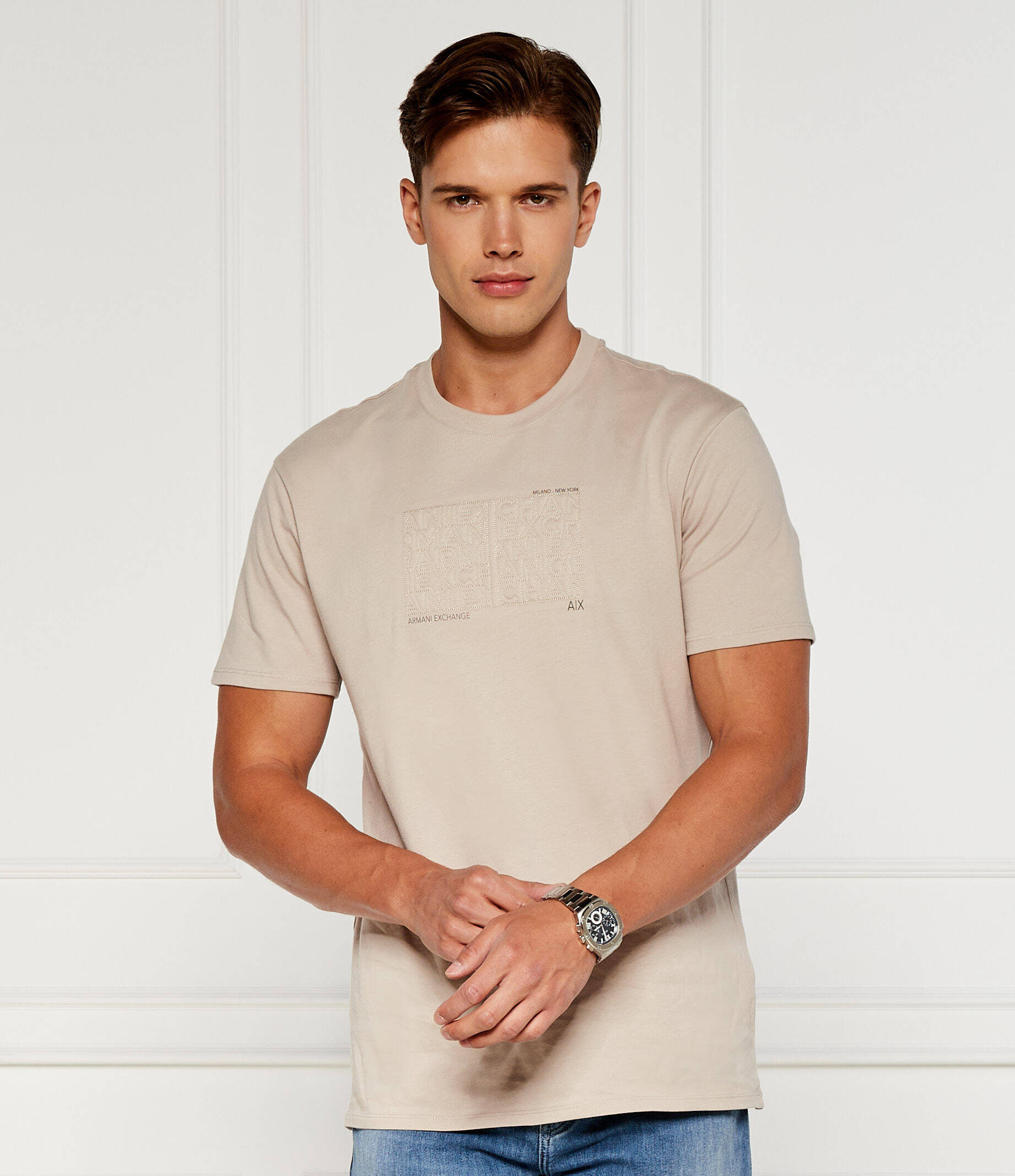 Tシャツ・カットソー ARMANI EXCHANGE Men T-shirt Beige 6DZTLDZJ9JZ 1116 Regular fit T-shirt in allover monogram cotton in ASV cotton